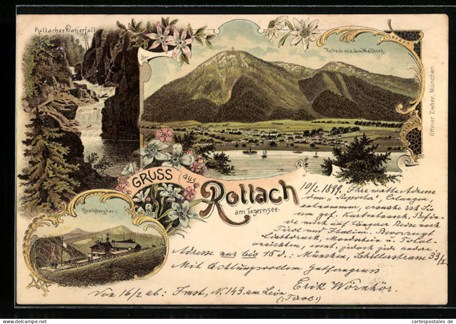 Lithographie Rottach /Tegernsee, Gesamtansicht Mit Wallberg, Rottacher Wasserfall, Hirschberghaus  - Tegernsee