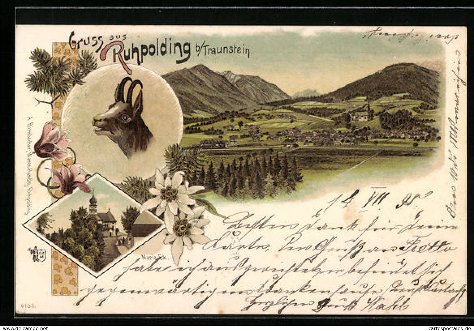 Lithographie Ruhpolding B. Traunstein, Panoramablick Auf Ort Und Berge, Maria-Eck, Gämse  - Traunstein
