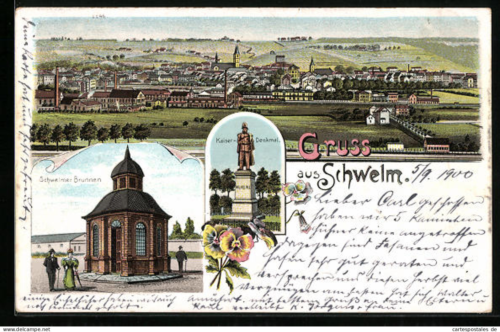 Lithographie Schwelm, Teilansicht, Schwelmer Brunnen, Kaiser-Denkmal  - Schwelm