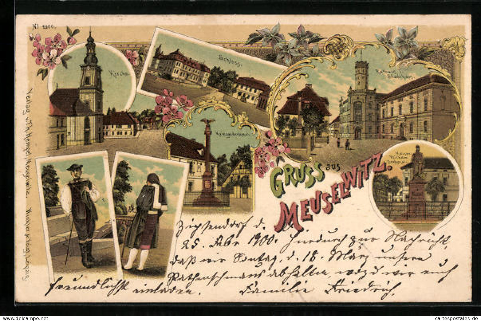 Lithographie Meuselwitz, Rathaus Und Stadthaus, Kirche, Kriegerdenkmal  - Meuselwitz