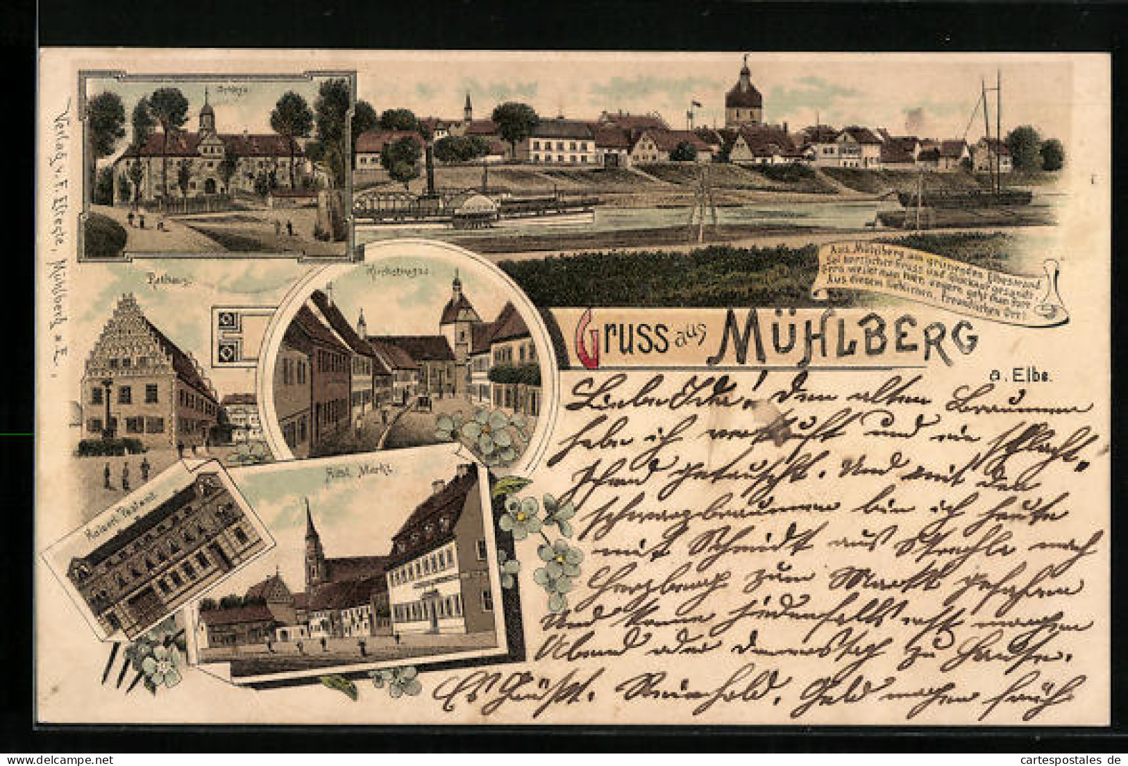 Lithographie Mühlberg A. Elbe, Schloss, Kaiserliches Postamt, Rathaus  - Muehlberg