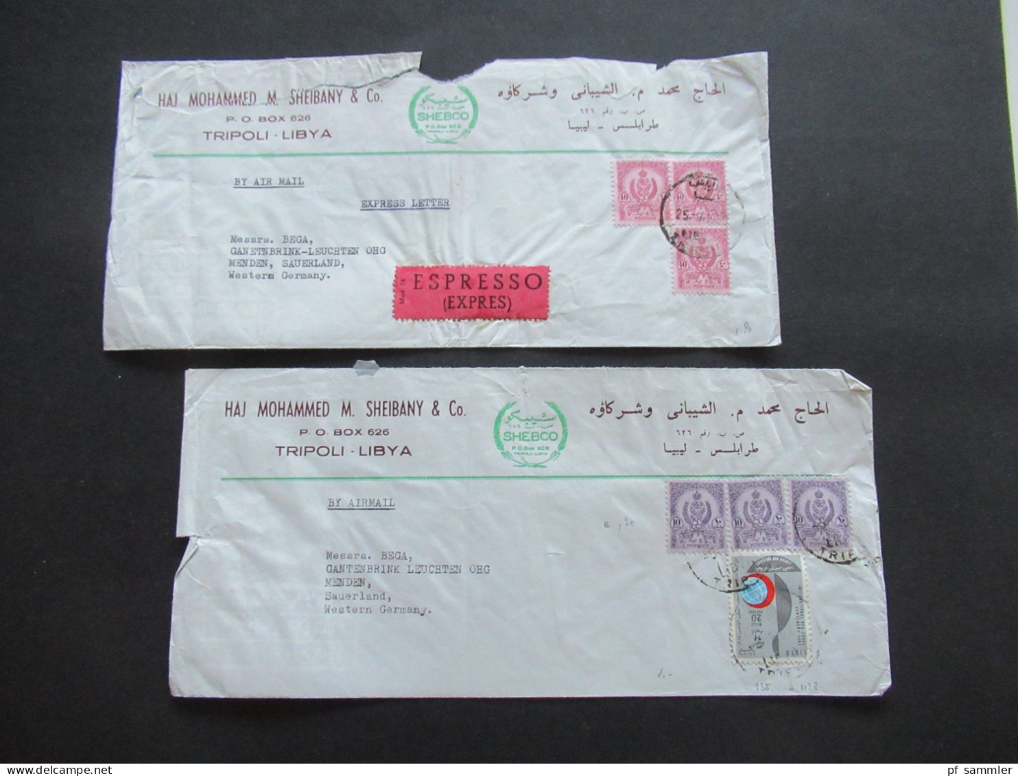 Afrika Libya Air Mail 2x Firmenumschlag Haj Mohammed M. Sheibany & Co. Tripoli Libya 1x Espresso / Express Beleg - Libye