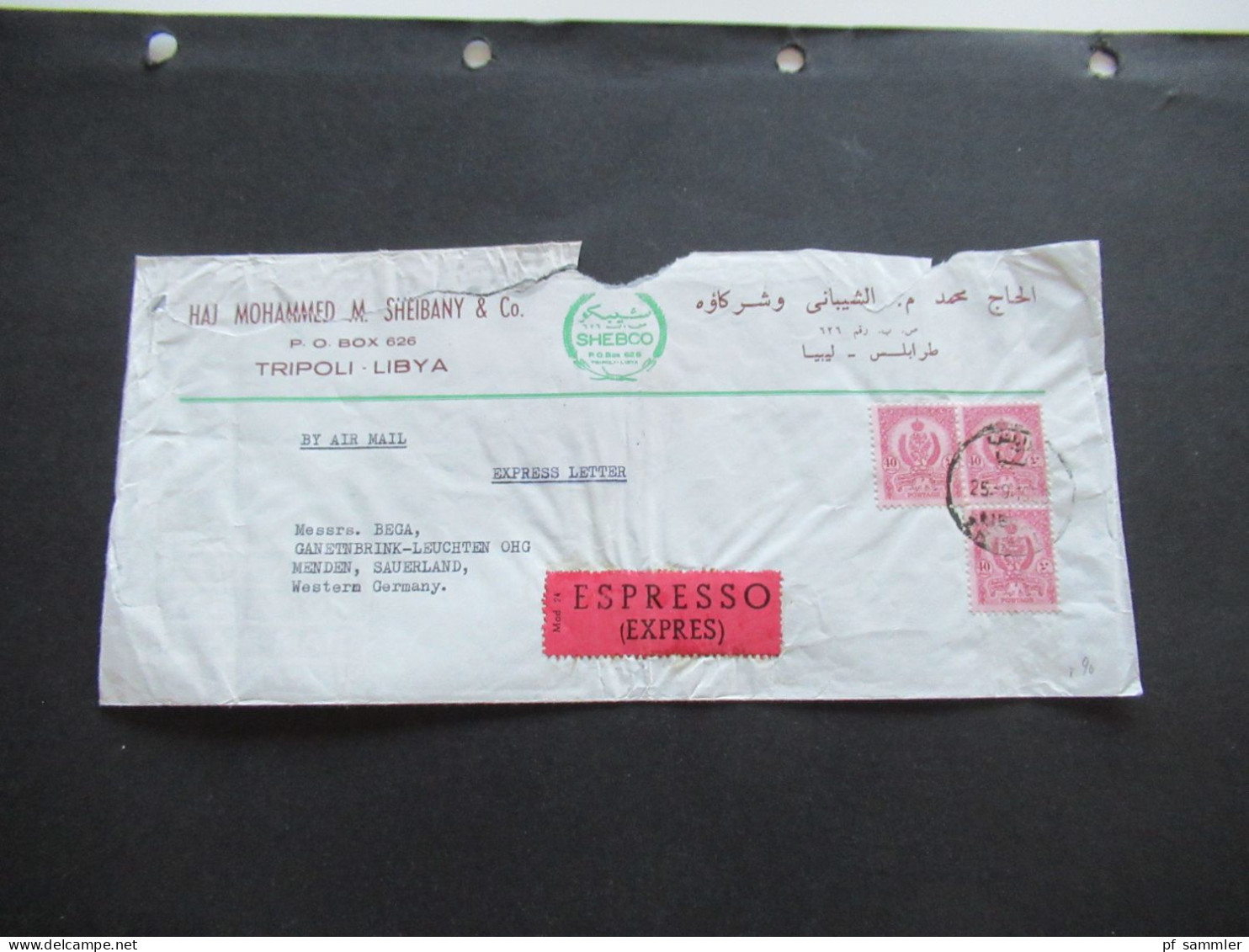 Afrika Libya Air Mail 2x Firmenumschlag Haj Mohammed M. Sheibany & Co. Tripoli Libya 1x Espresso / Express Beleg - Libya