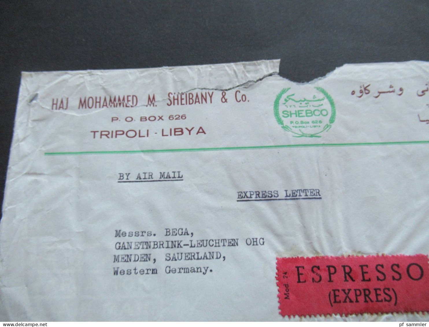 Afrika Libya Air Mail 2x Firmenumschlag Haj Mohammed M. Sheibany & Co. Tripoli Libya 1x Espresso / Express Beleg - Libye