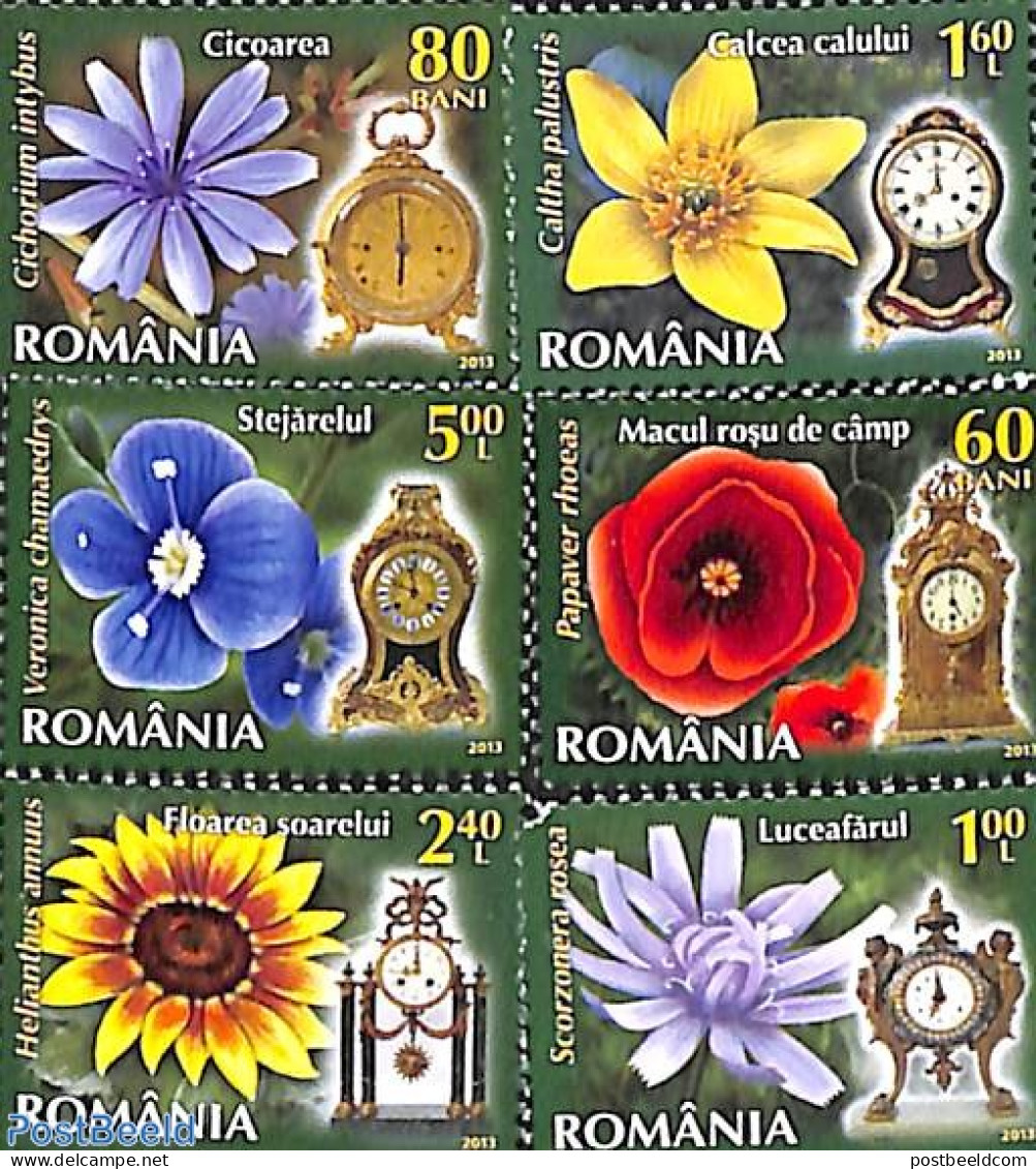 Romania 2013 Flowers & Clocks 6v, Mint NH - Ungebraucht