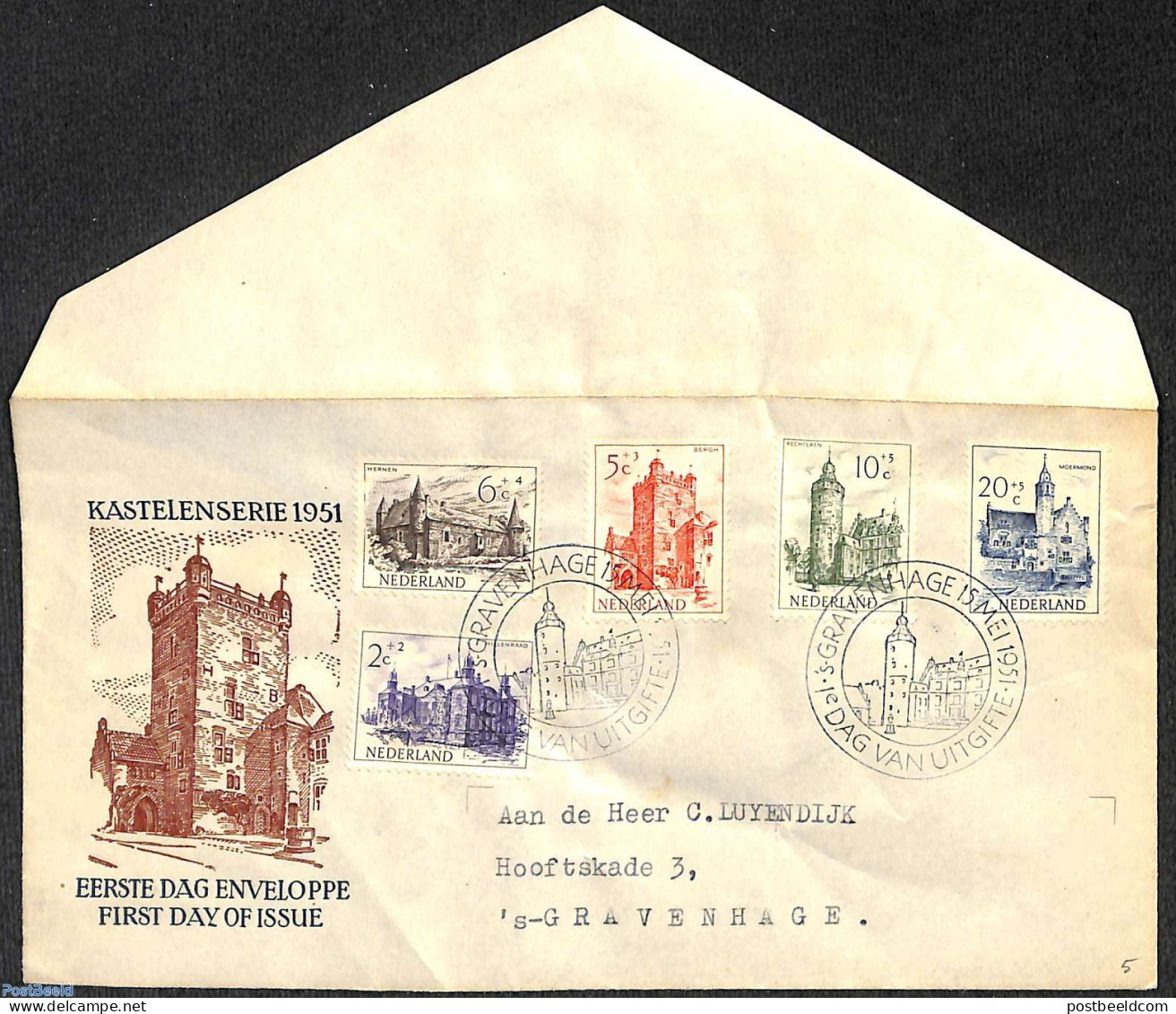 Netherlands 1951 Summer, FDC, Typed Address, Open Flap, Somewhat Wrinkled Cover, First Day Cover, Castles & Fortificat.. - Cartas & Documentos