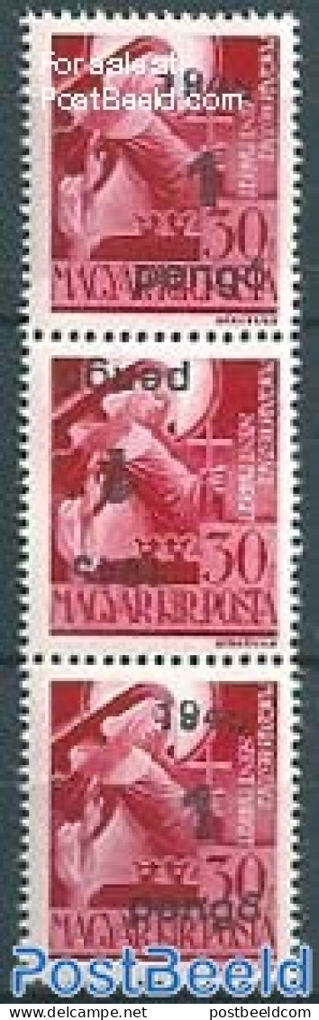 Hungary 1945 Strip Of 3 Stamps, With Inverted Overprint (center Stamp), Mint NH - Ongebruikt