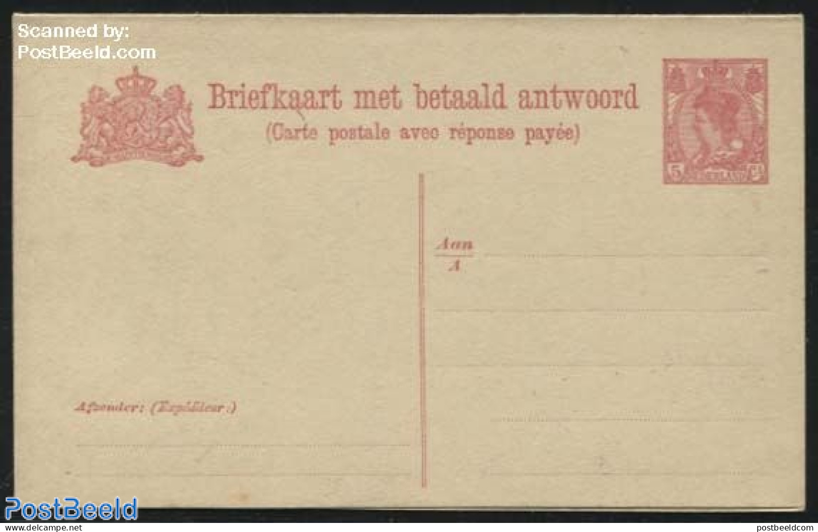 Netherlands 1919 Reply Paid Postcard 5c, Red Wide Lines, Yellow Paper, Unused Postal Stationary - Covers & Documents