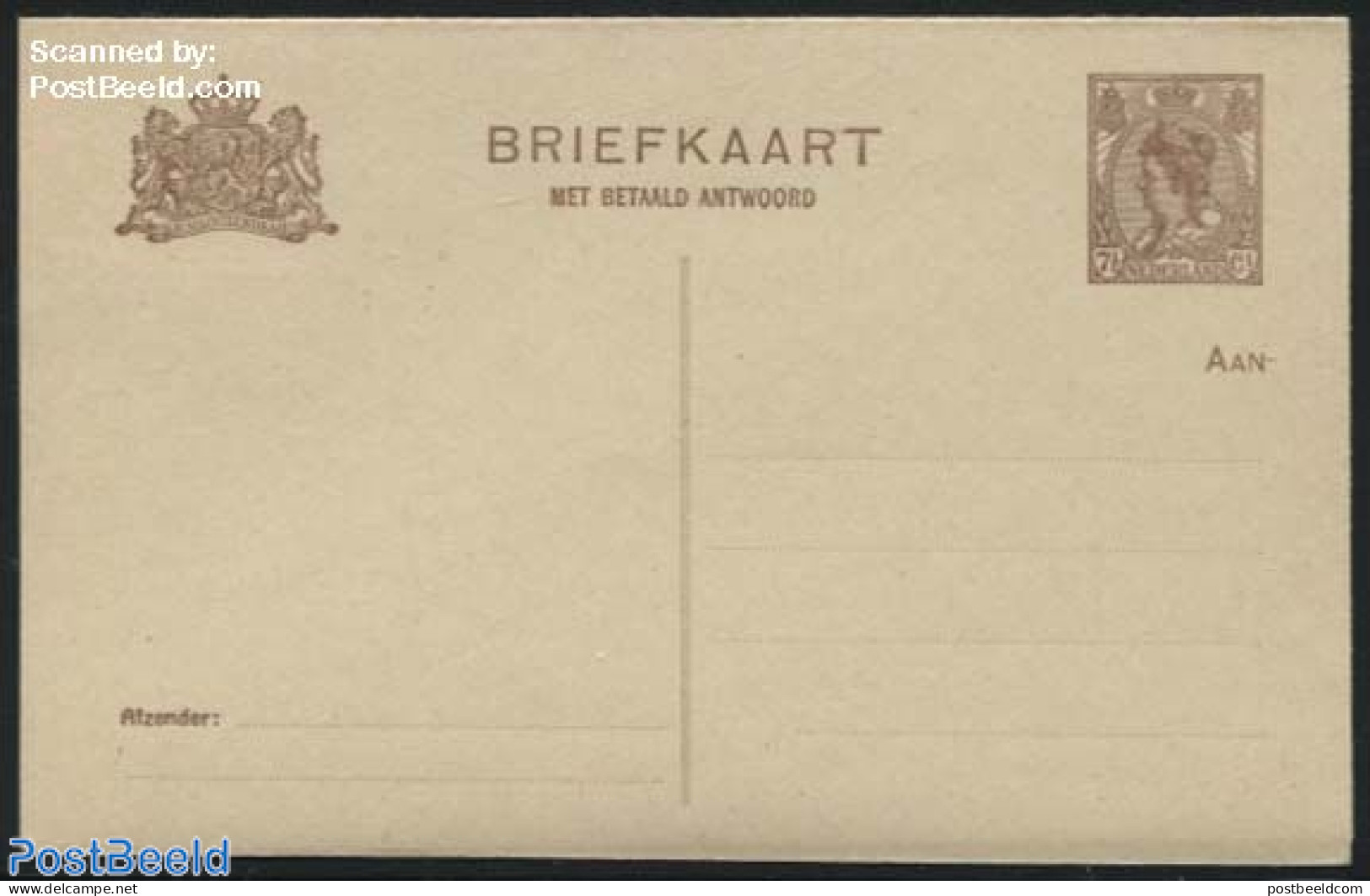 Netherlands 1921 Reply Paid Postcard 7.5+7.5c Brown, Yellow Cardboard, Unused Postal Stationary - Lettres & Documents
