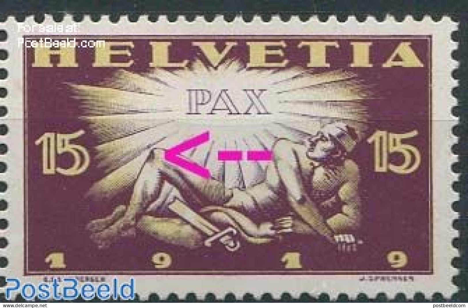 Switzerland 1919 15c, Plate Flaw, Darker Spot In Knee, Mint NH, Various - Errors, Misprints, Plate Flaws - Ungebraucht