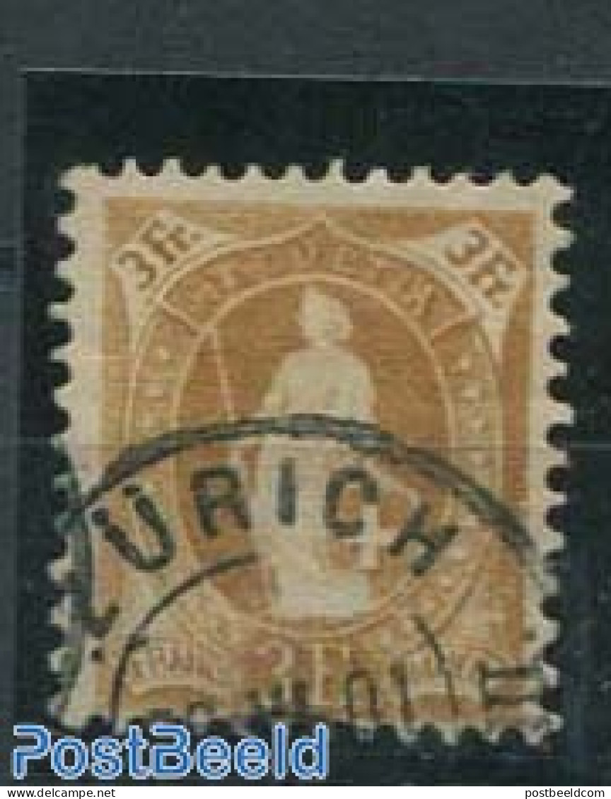 Switzerland 1882 3Fr, Brown Ochre, Blurred Print, 1Y, P.11.75:11.25, Used Stamps - Oblitérés