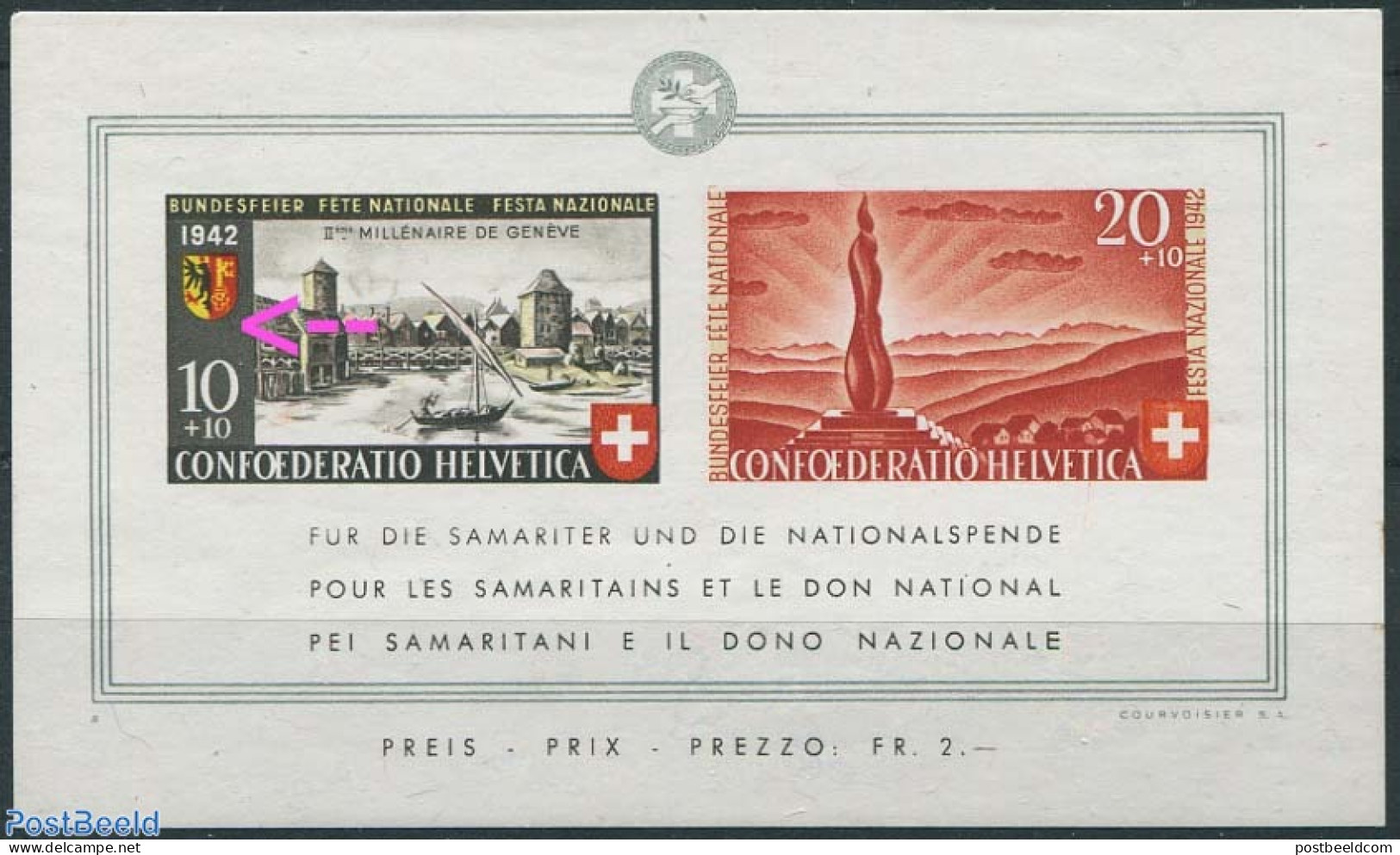 Switzerland 1942 S/s, Plate Flaw, Line Right Under Coat Of Arms, Mint NH, Transport - Various - Ships And Boats - Erro.. - Ungebraucht