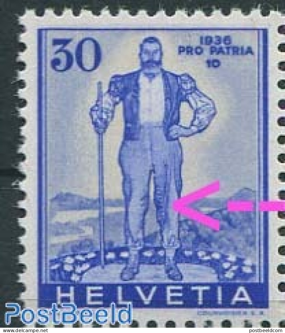 Switzerland 1936 30c, Plate Flaw, Points In Right Leg, Mint NH, Various - Errors, Misprints, Plate Flaws - Ungebraucht