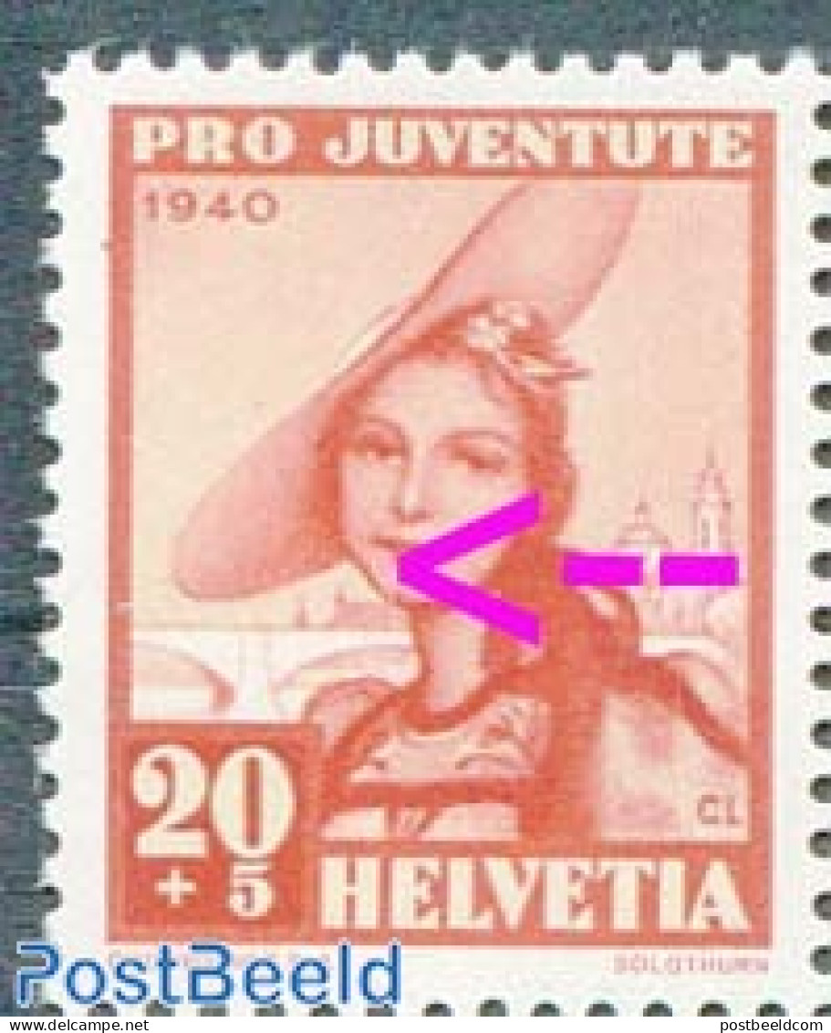 Switzerland 1940 20+5c, Plate Flaw, Y Shape Line Under Mouth, Mint NH, Various - Costumes - Errors, Misprints, Plate F.. - Ongebruikt