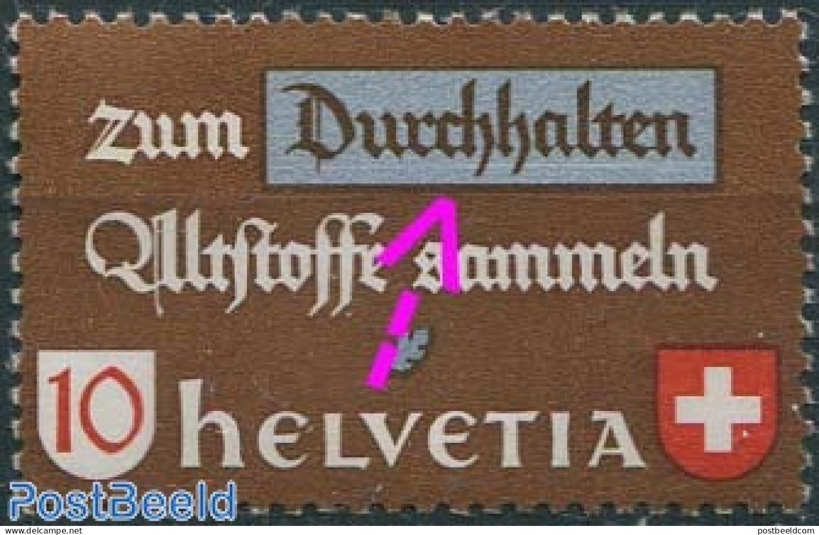 Switzerland 1942 10c, Plate Flaw, Hor. Line Under Durchhalten, Mint NH, Various - Errors, Misprints, Plate Flaws - Neufs
