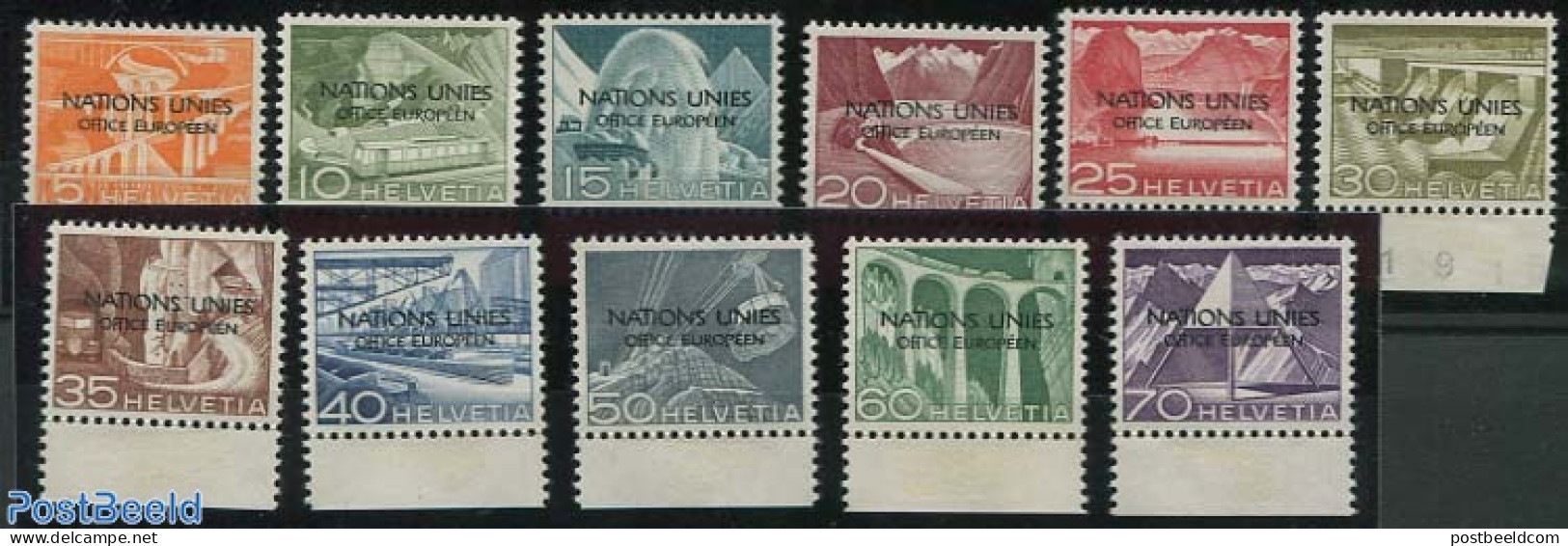 Switzerland 1950 UNO Office 11v, Overprint Variety: OF[ICE, Mint NH, Nature - Transport - Various - Water, Dams & Fall.. - Neufs