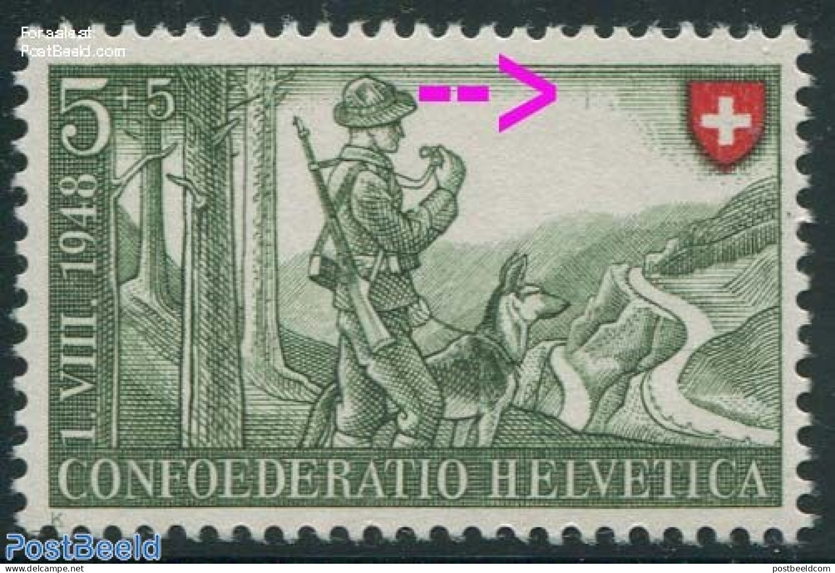 Switzerland 1948 5+5c, Plate Flaw, Vertical Line In Sky, Mint NH, Nature - Various - Dogs - Errors, Misprints, Plate F.. - Neufs