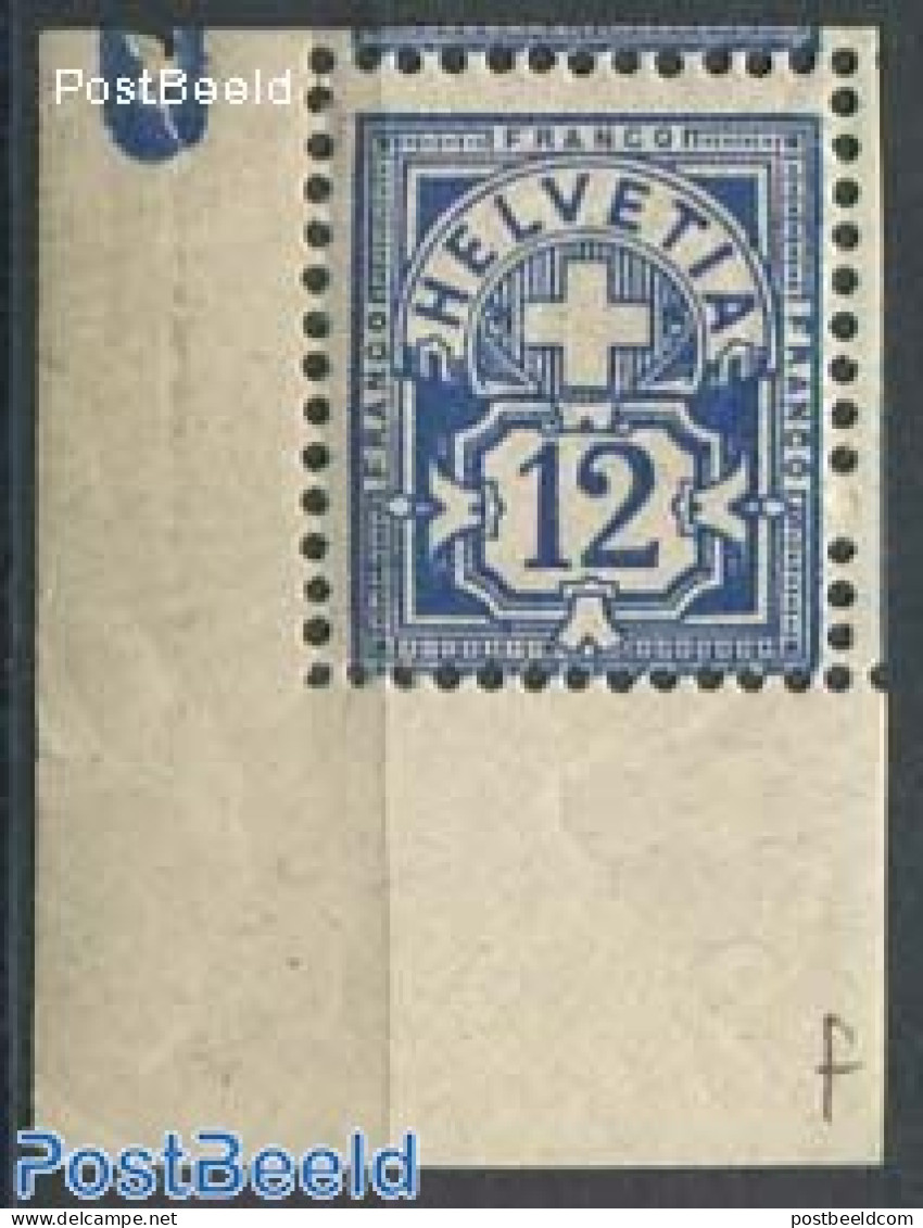 Switzerland 1882 12c, Darkultramarinblue, Corner Piece, Mint NH - Ongebruikt