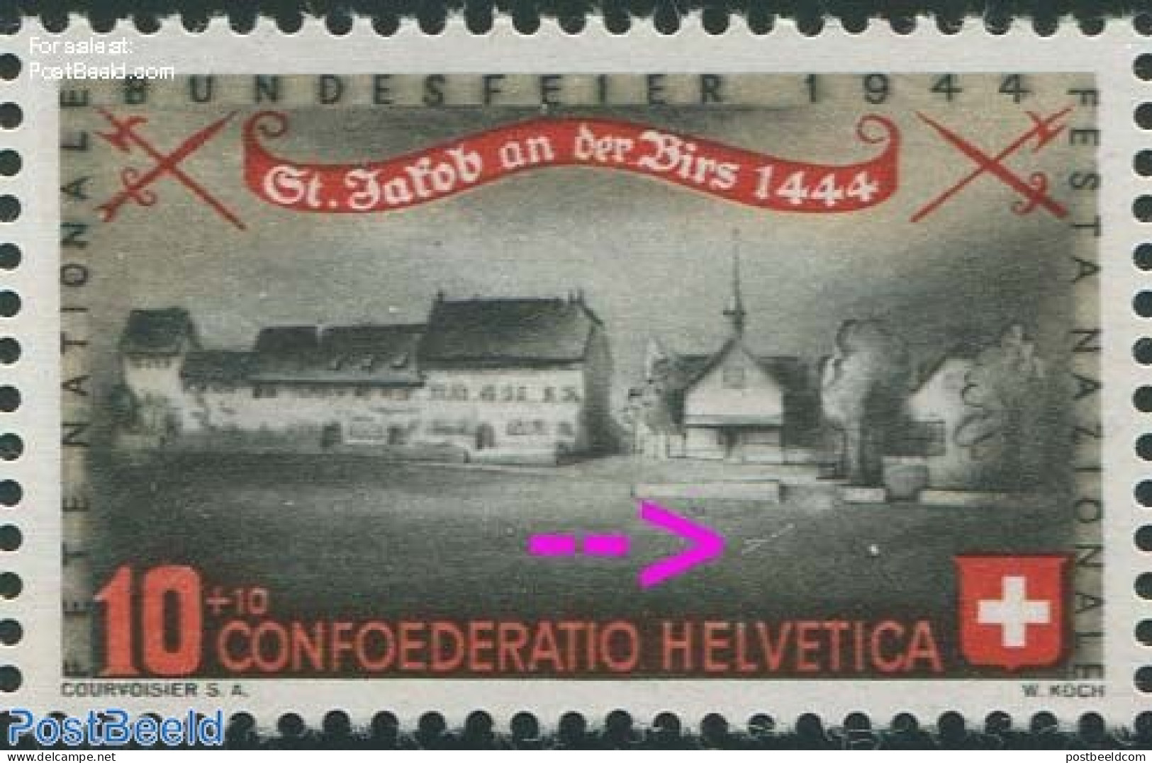 Switzerland 1944 Plate Flaw, 10+10c, Y Shape Line Under Chapel, Mint NH, Various - Errors, Misprints, Plate Flaws - Ongebruikt