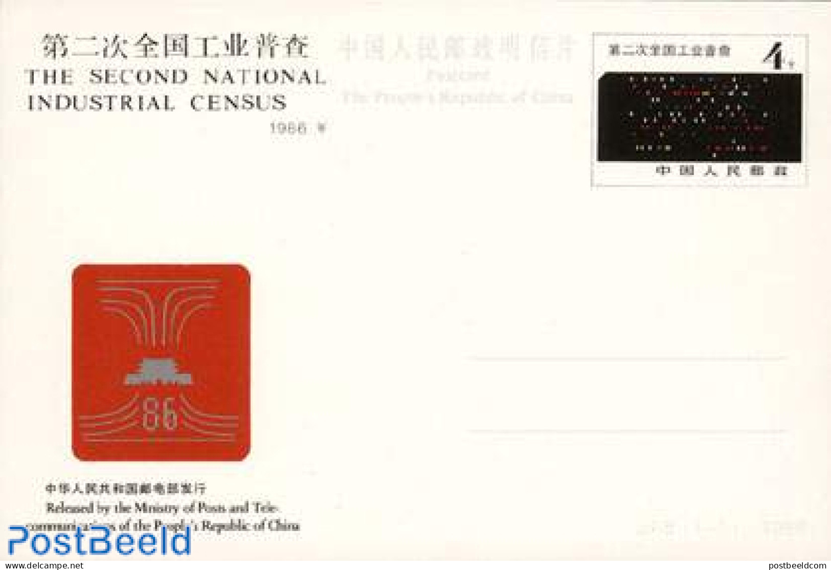 China People’s Republic 1986 Postcard 2nd Industrial Census, Unused Postal Stationary, Various - Industry - Briefe U. Dokumente