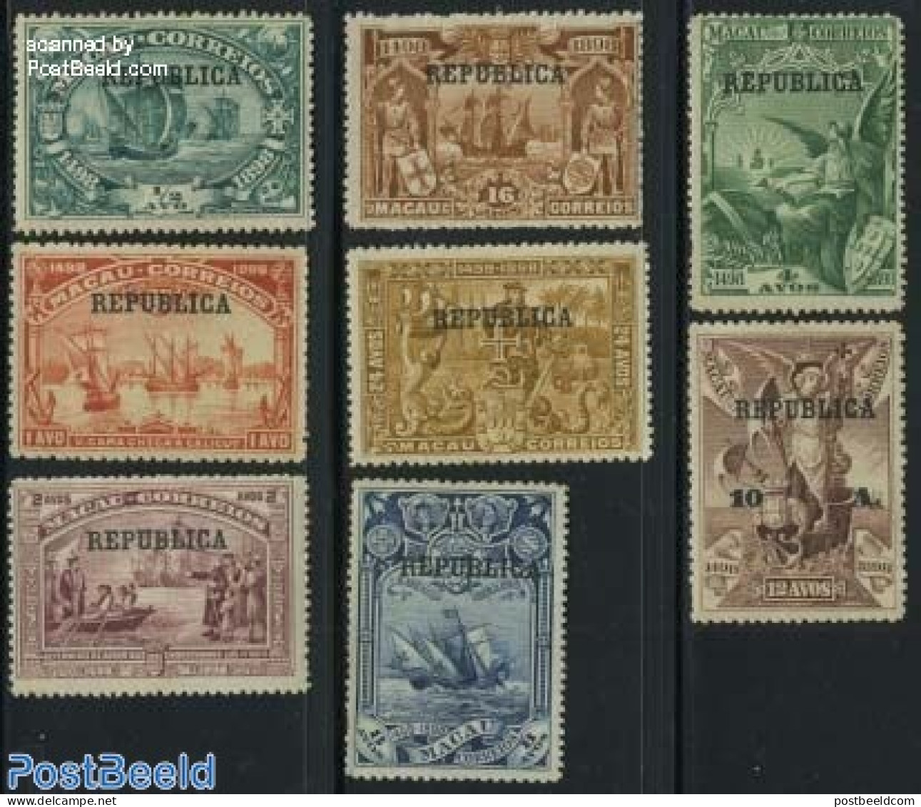 Macao 1913 Vasco Da Gama With REPUBLICA Overprints 8v, Unused (hinged), History - Transport - Explorers - Ships And Bo.. - Unused Stamps