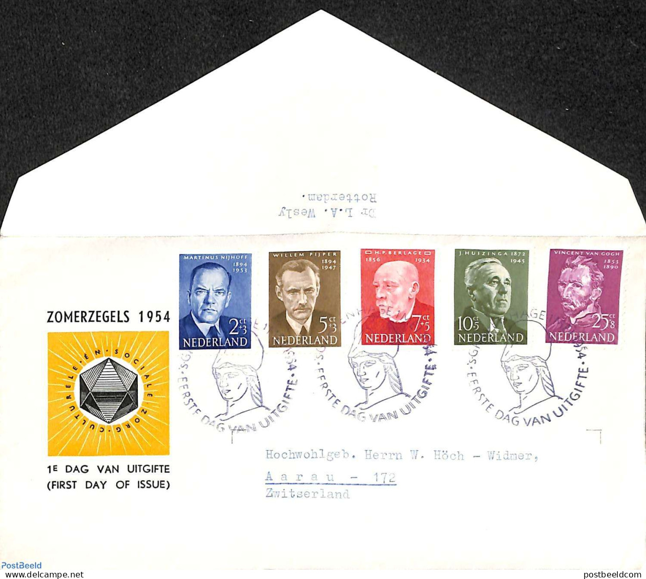Netherlands 1954 Famous Persons FDC, Open Flap, Typed Address, First Day Cover, Vincent Van Gogh - Cartas & Documentos