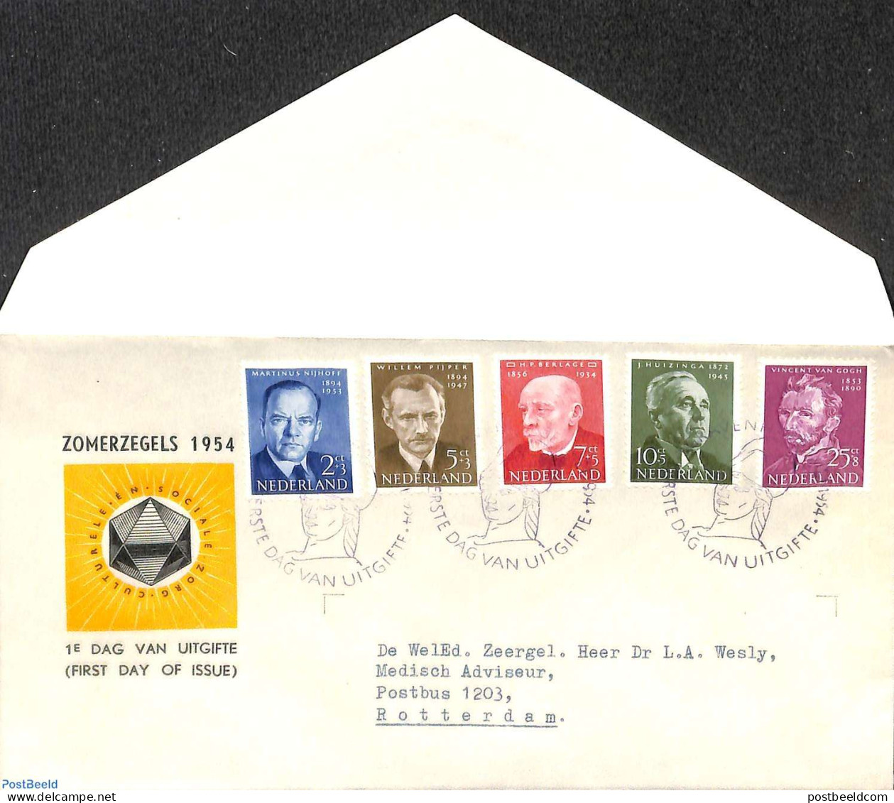 Netherlands 1954 Famous Persons FDC, Open Flap, Typed Address, First Day Cover, Vincent Van Gogh - Lettres & Documents