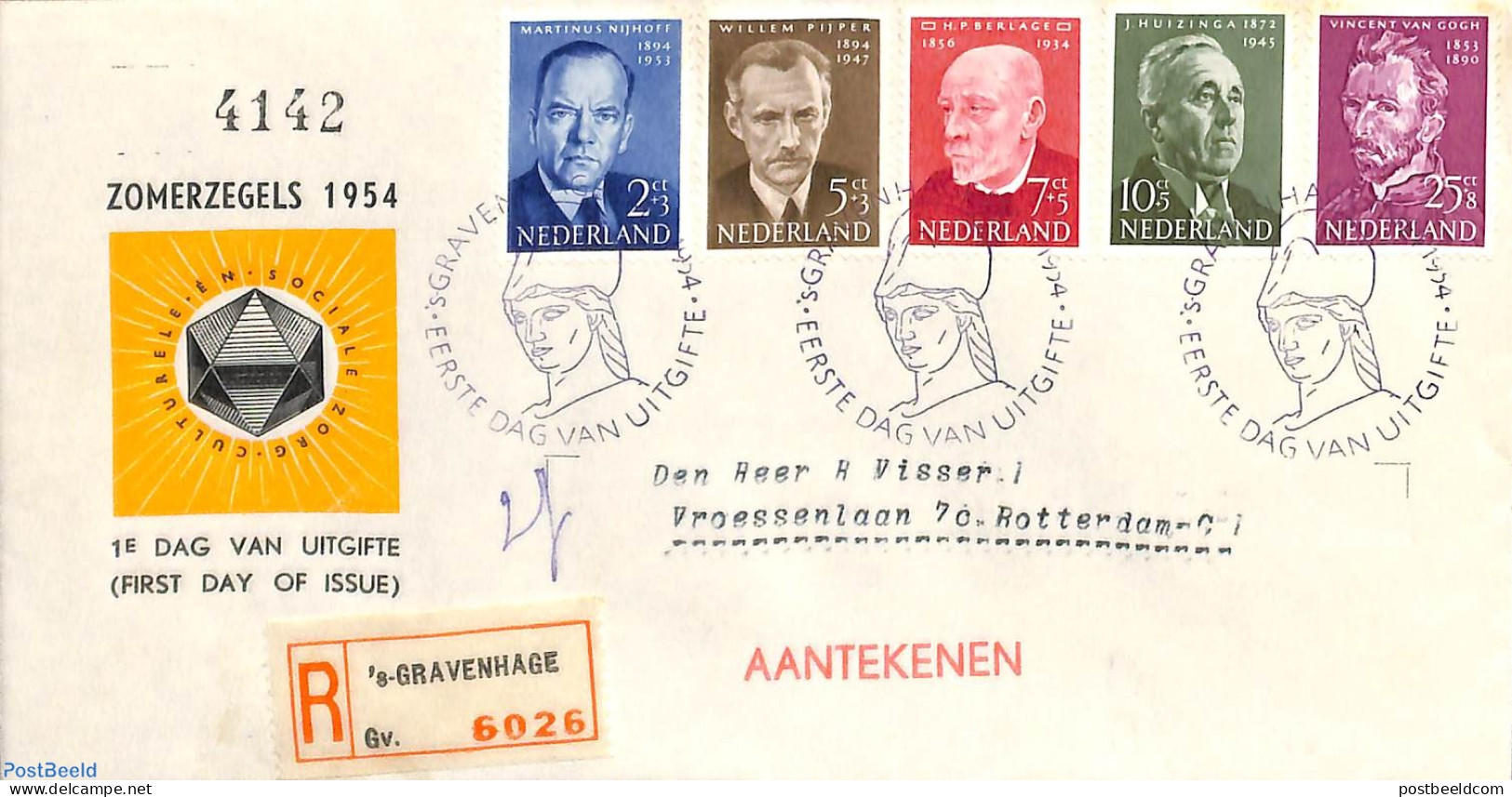 Netherlands 1954 Famous Persons FDC, Closed Flap, Typed Address, First Day Cover, Art - Vincent Van Gogh - Brieven En Documenten