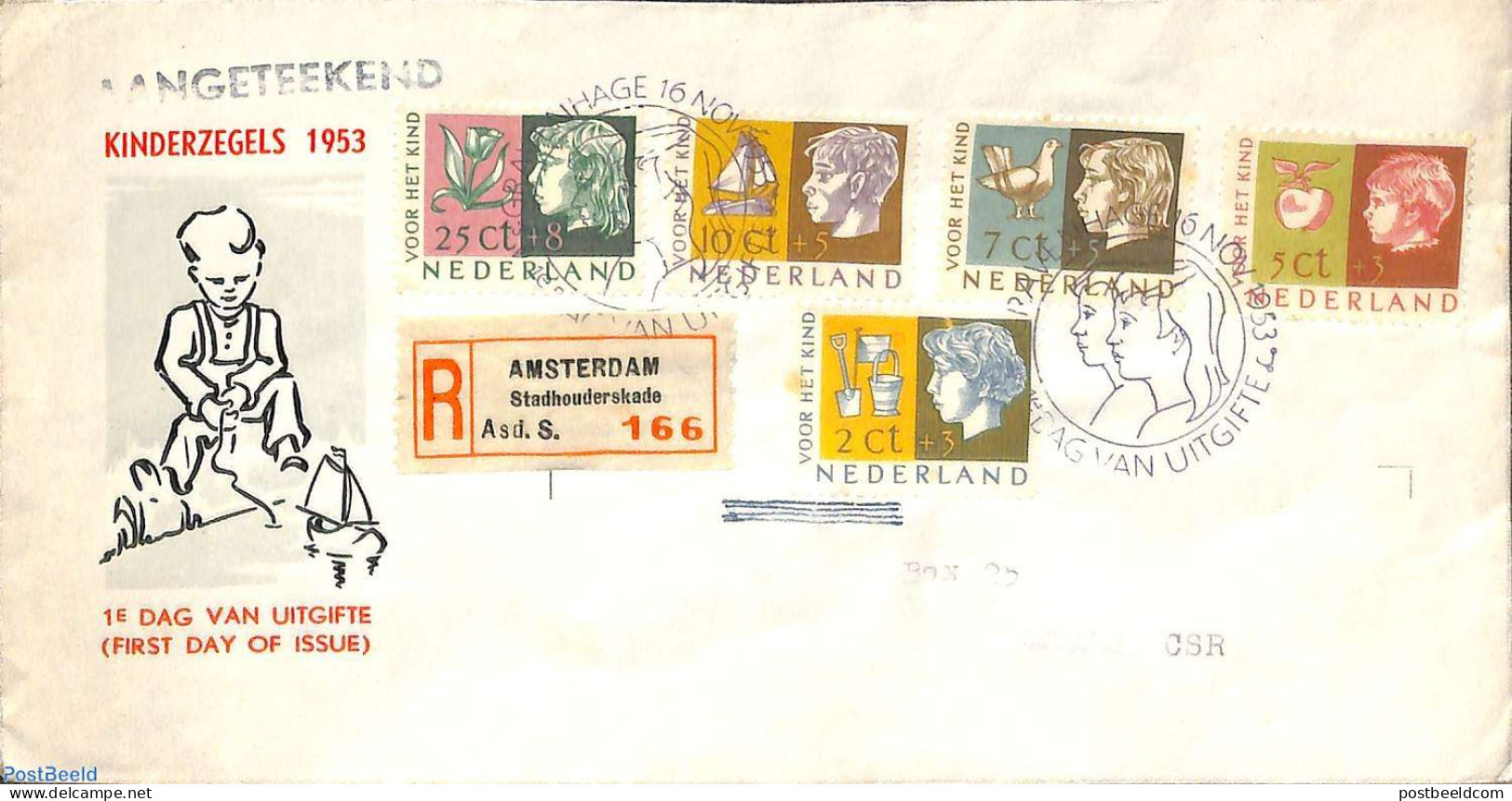 Netherlands 1954 Child Welfare FDC, Typed Address, Registered, Censored, First Day Cover, Nature - Transport - Flowers.. - Brieven En Documenten