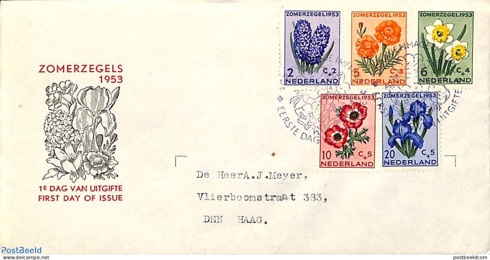 Netherlands 1953 Flowers FDC, Open Flap, Typed Address, First Day Cover, Nature - Flowers & Plants - Covers & Documents