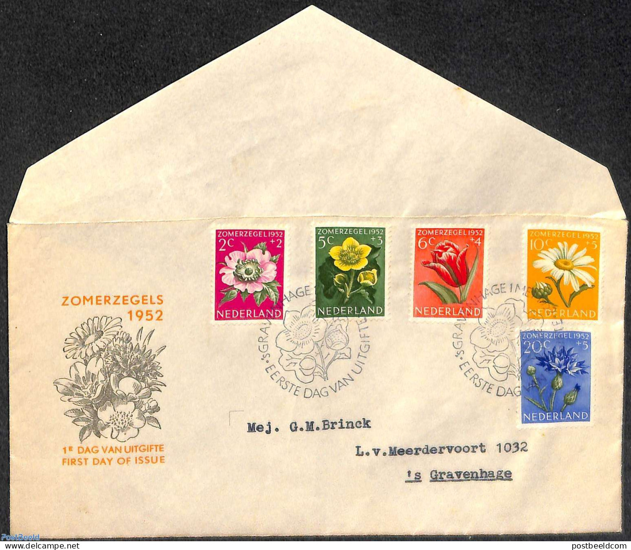 Netherlands 1952 Flowers FDC, Open Flap, Typed Address, Very Fresh Cover, First Day Cover, Nature - Flowers & Plants - Lettres & Documents