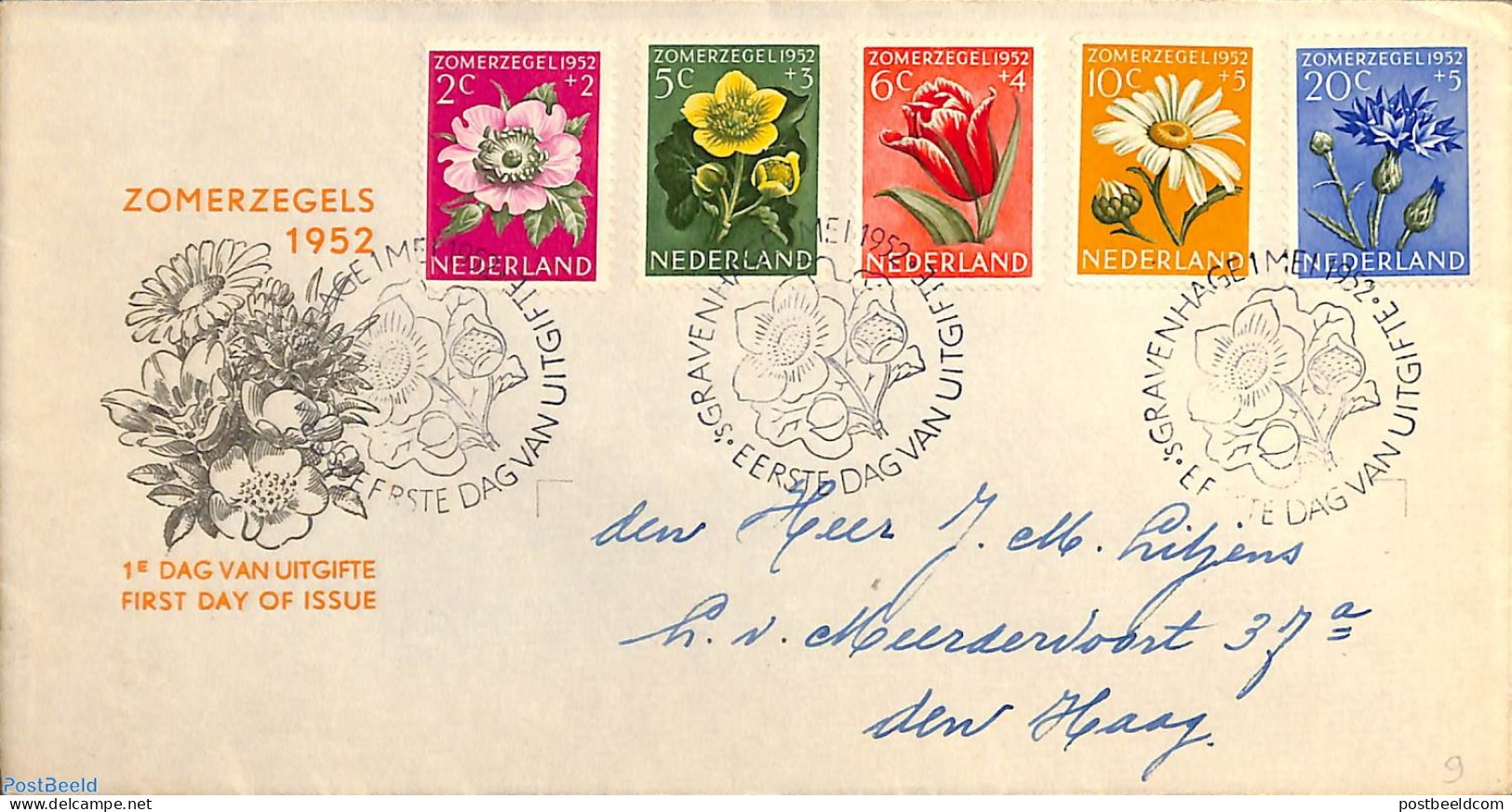 Netherlands 1952 Flowers 5v, FDC, Open Flap, Written Address, First Day Cover, Nature - Flowers & Plants - Covers & Documents