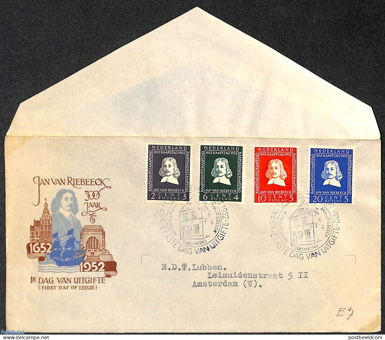 Netherlands 1952 V. Riebeeck FDC, Open Flap, Typed Address, First Day Cover - Lettres & Documents