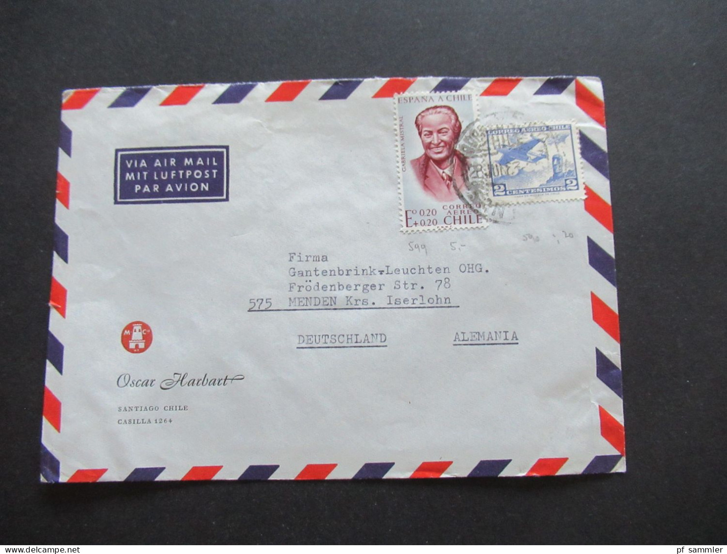 Südamerika Chile Um 1964 Via Air Mail Luftpost Gabriela Mistral MiF Umschlag Oscar Harbart Santiago Chile - Cile