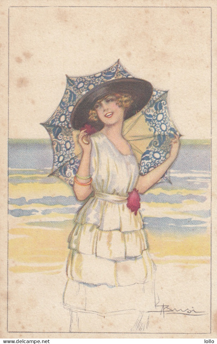 Illustratori  -  Busi  -  Signora Con Onbellino In Spiaggia   -  F. Piccolo  -  Scritta  -  Bella - Busi, Adolfo