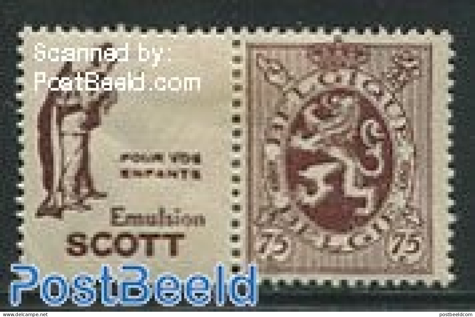 Belgium 1929 70c + Scott Pour Vos Enfants Tab, Mint NH - Unused Stamps