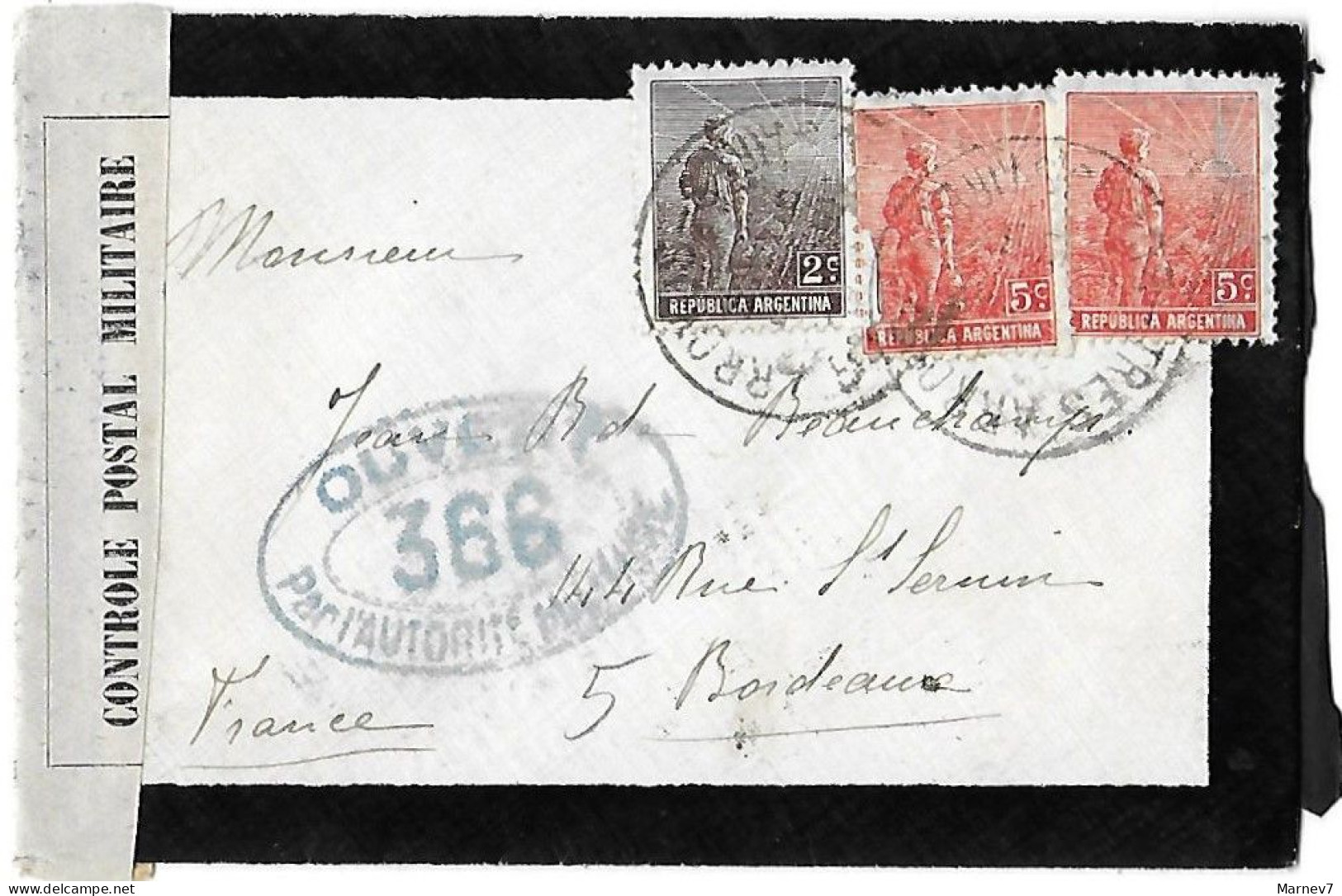 Lettre BUENOS AIRES Argentine Pour BORDEAUX 1916 Ouvert Par Autorité Militaire 366 - Censure Censurée - Contrôle Postal - Covers & Documents