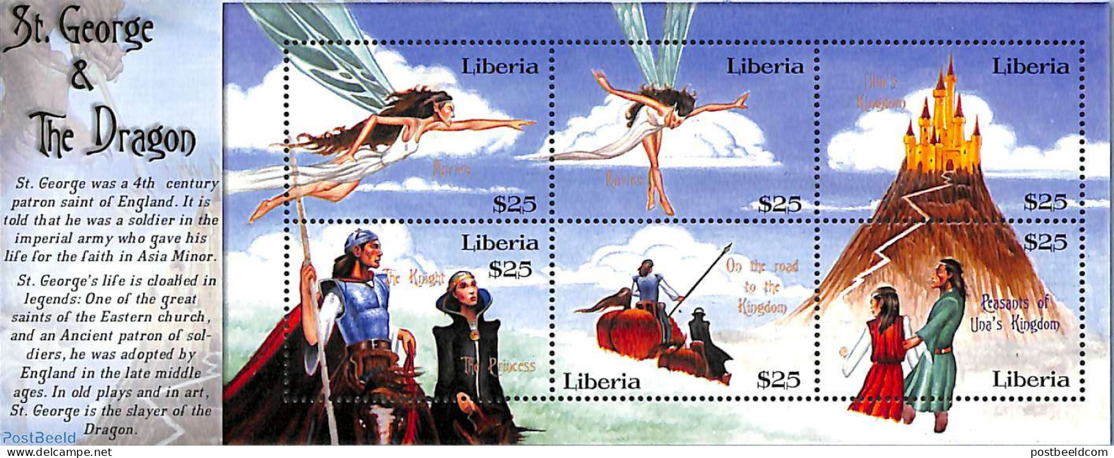 Liberia 2001 Holy George Dragon Fight 6v M/s, Mint NH, Art - Fairytales - Fairy Tales, Popular Stories & Legends