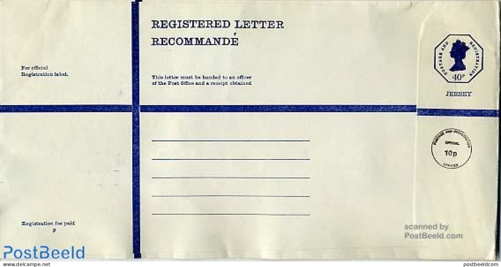 Jersey 1975 Registered Letter 40p+10p 289x152mm, Unused Postal Stationary - Jersey