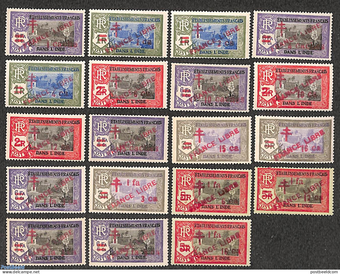 French India 1942 France Libre Overprints 19v, Mint NH - Ongebruikt
