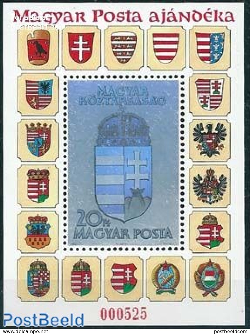 Hungary 1991 Hologram Overprint S/s Magyar Posta Ajandeka, Mint NH, History - Various - Coat Of Arms - Holograms - Unused Stamps