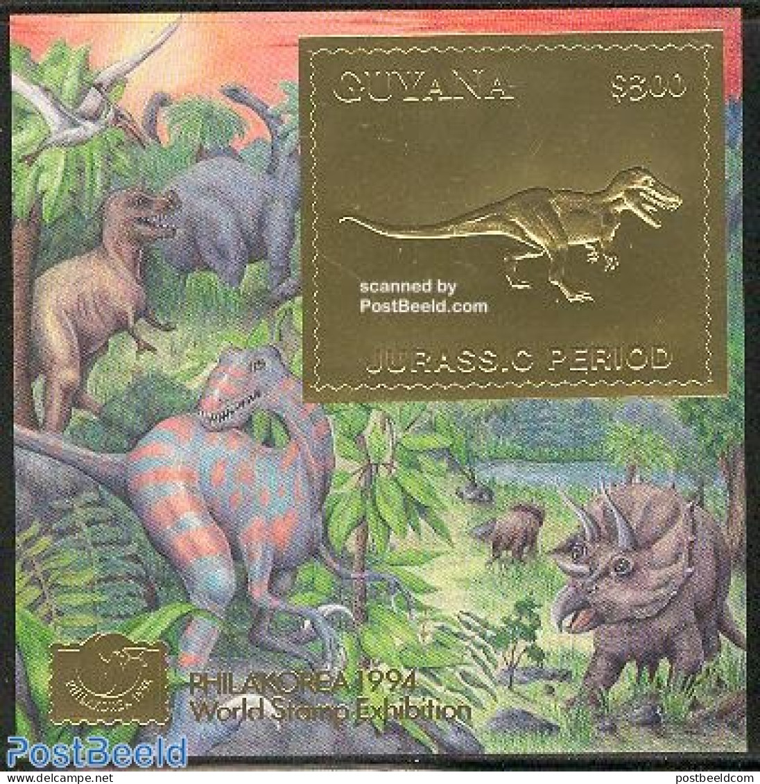 Guyana 1994 Tyrannosaurus S/s, Gold, Mint NH, Nature - Prehistoric Animals - Prehistorisch