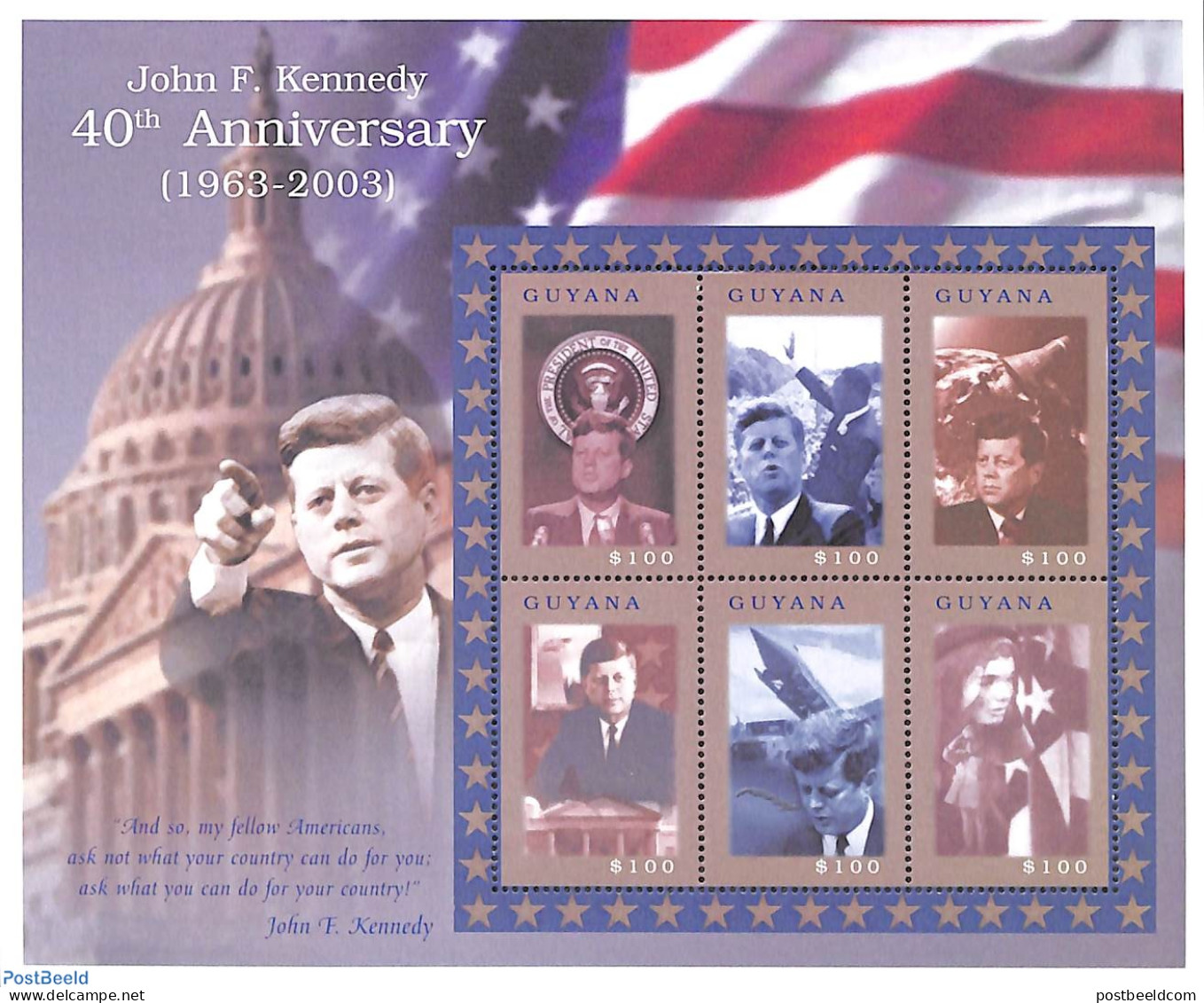 Guyana 2003 J.F. Kennedy 6v M/s, Mint NH, History - Transport - American Presidents - Politicians - Space Exploration - Guyane (1966-...)