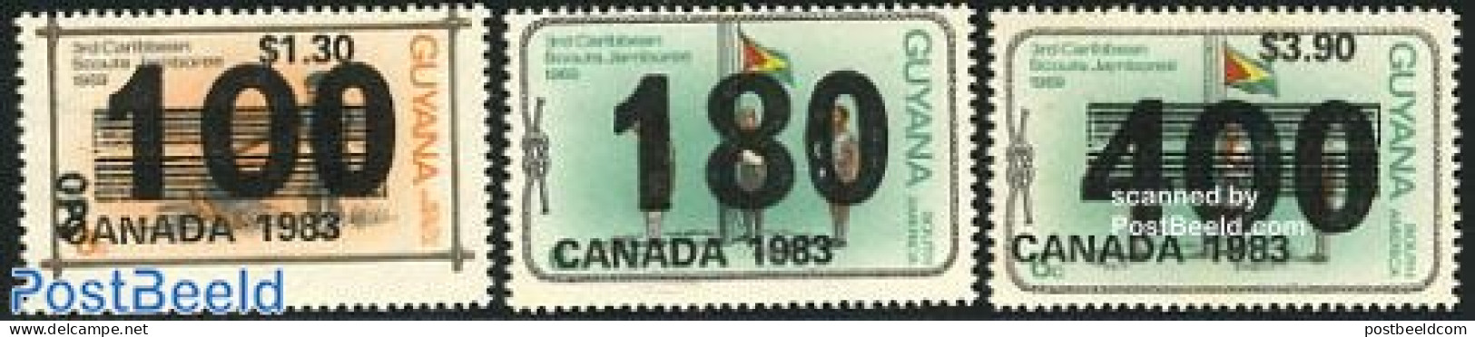Guyana 1983 World Jamboree Canada 3v, Overprints, Mint NH, Sport - Scouting - Guyane (1966-...)