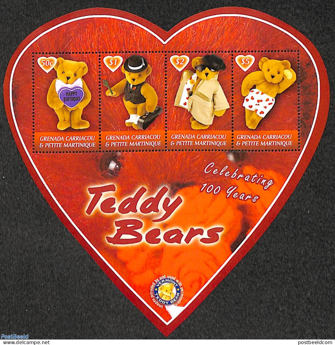 Grenada Grenadines 2002 Teddy Bears 4v M/s, Heart Shape, Mint NH, Various - Teddy Bears - Toys & Children's Games - Grenade (1974-...)