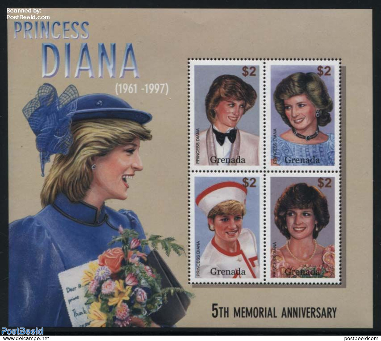 Grenada 2002 Death Of Diana 5th Anniv. 4v M/s, Mint NH, History - Charles & Diana - Kings & Queens (Royalty) - Königshäuser, Adel