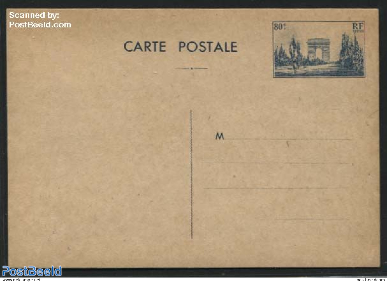 France 1940 Postcard Arc De Triomphe 80c Blue, Unused Postal Stationary - Covers & Documents
