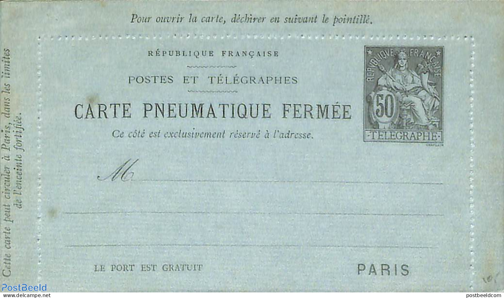 France 1897 Pneumatic Post Card 50c Black, Unused Postal Stationary - 1859-1959 Covers & Documents