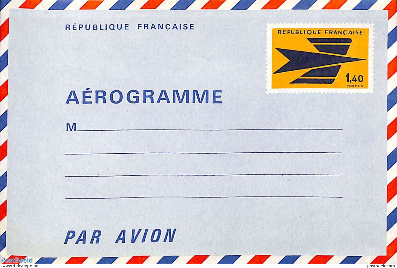 France 1975 Aerogramme 1.40 Blue/yellow, Unused Postal Stationary - Covers & Documents