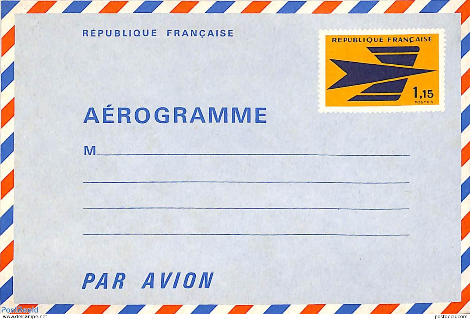 France 1970 Aerogramme 1.15 Blue/yellow, Unused Postal Stationary - Covers & Documents